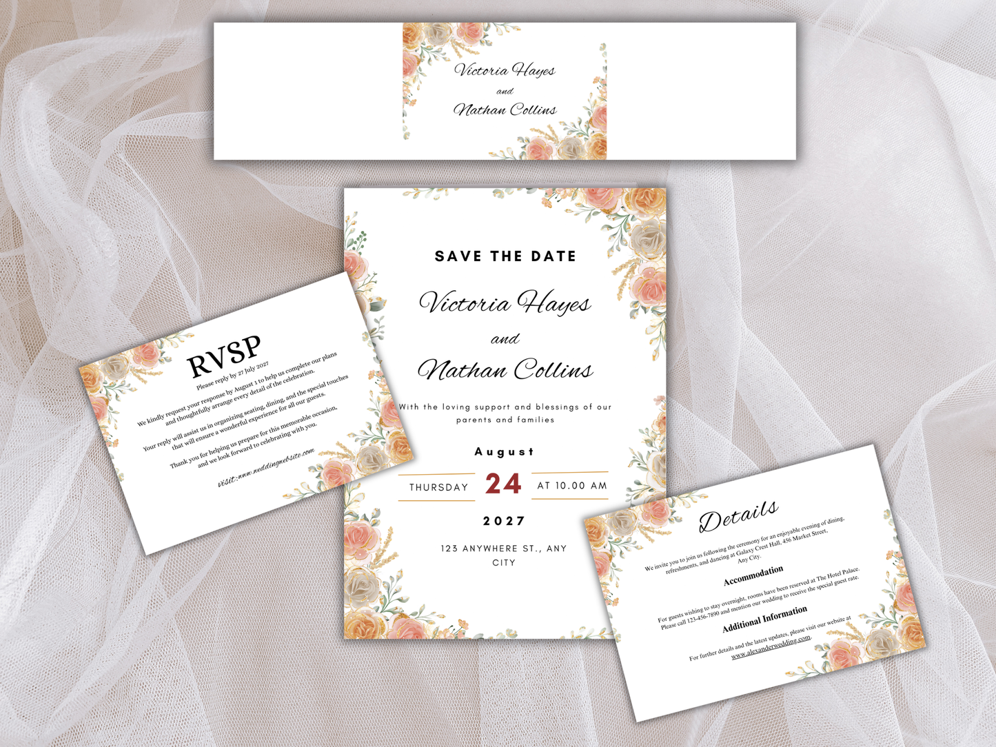 Elegant Floral Wedding Invite, RSVP, Details Card, Menu & Thank You MTC386