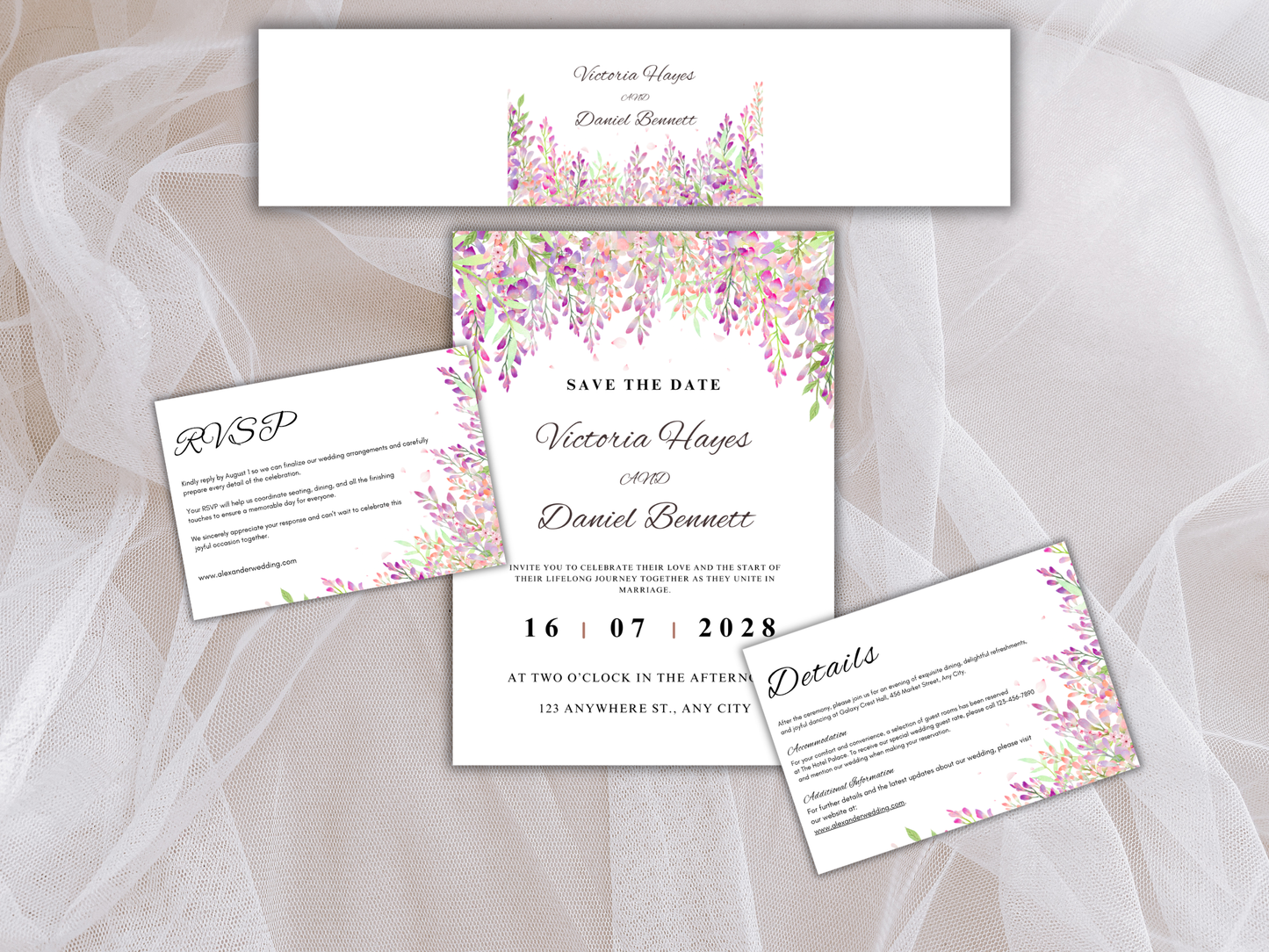 Wisteria Floral Wedding Invitation, Editable RSVP, Details, Canva Template MTC 422