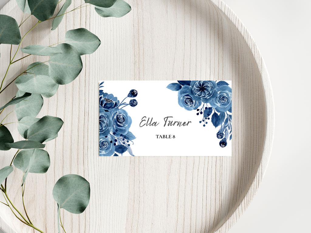 Blue Floral Wedding Menu & Thank You Card Set, Editable Template, Place Card.WI213