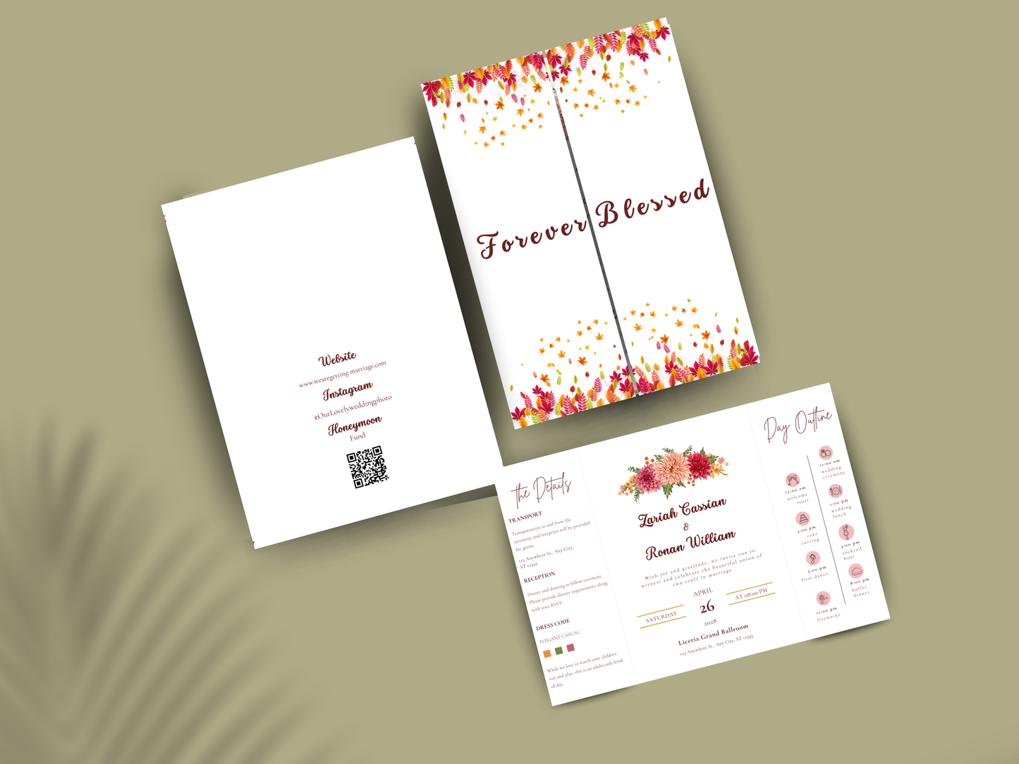 Editable Gatefold Wedding Invitation Template | Floral Wedding Itinerary & Details Card | Elegant Canva Invitation | Printable Wedding Suite. WI183