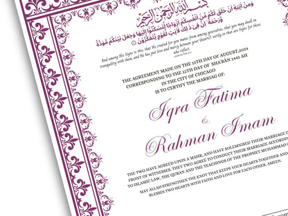 Printable Nikkah Contract Template | Islamic Marriage | PDF Muslim Marriage Contract | Wedding Keepsake. NN236