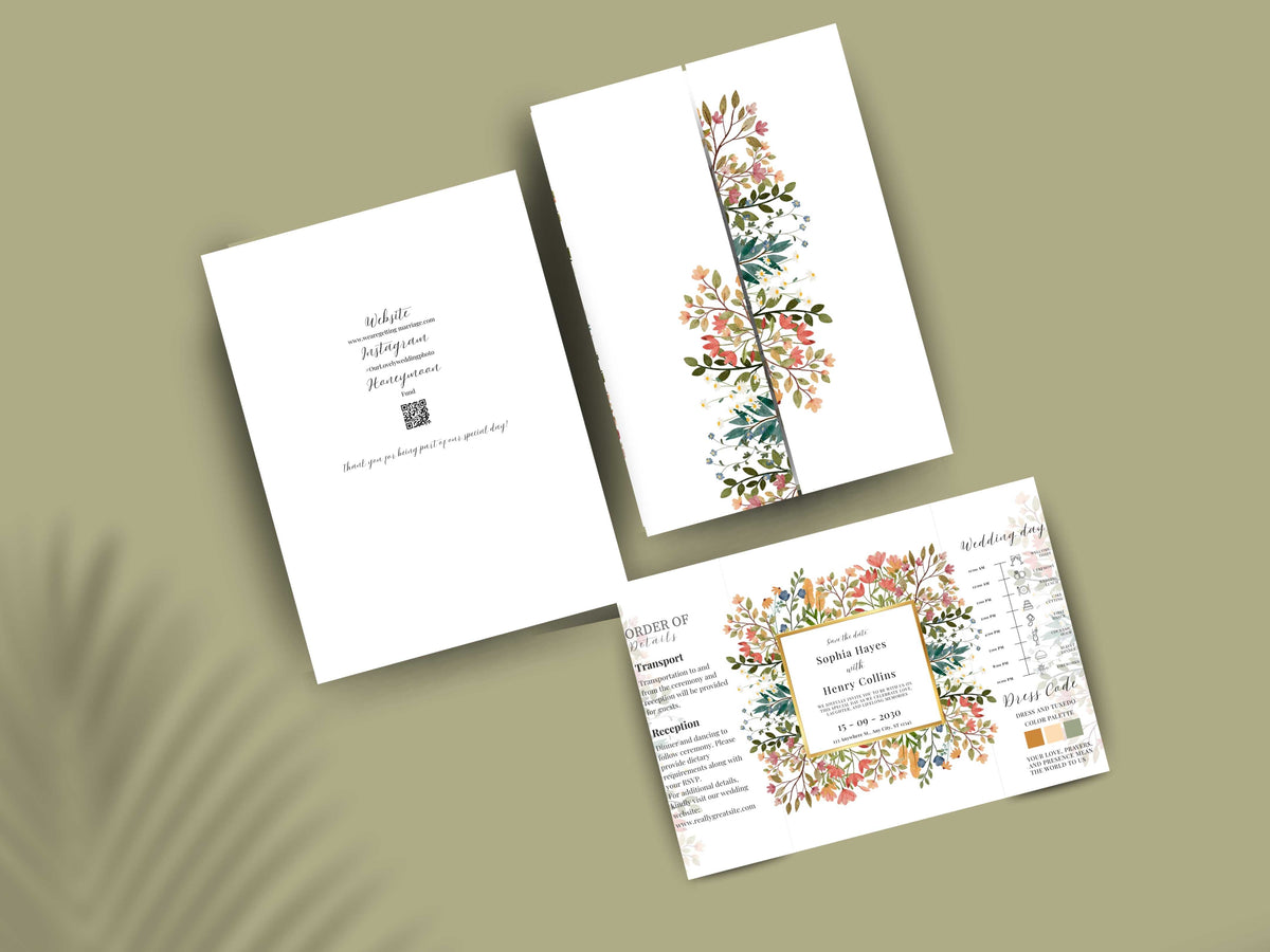 Floral Wedding Invitation Template | Save the Date with Timeline Schedule & Dress Code | Elegant Editable Printable Invite. WI169