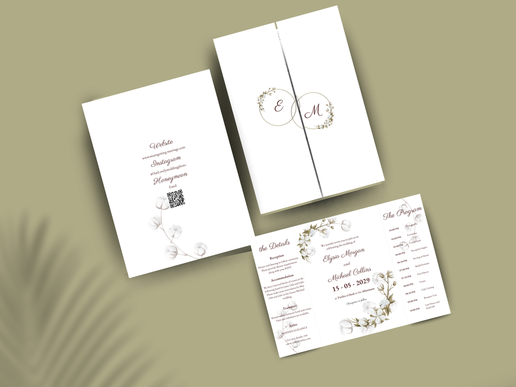 Floral Wedding Invitation Template | Folded Wedding Program & Details Card | Printable Rustic Boho Wedding Invite | Editable Template. WI176