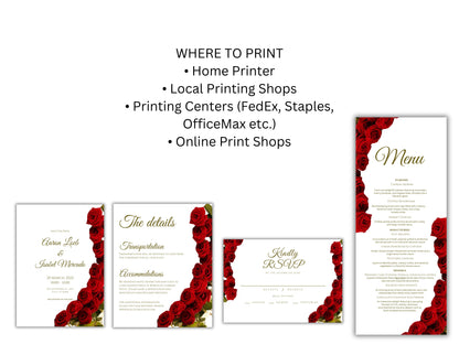 Red Rose Wedding Invitation set, Red Rose RSVP, Dark Red floral, Elegant Red Rose wedding Invitation, Details Editable, Menu Card, WT38