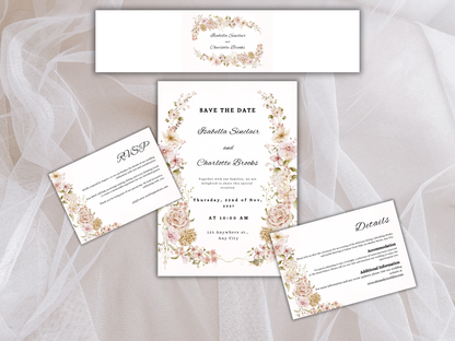 Floral Wedding Invitation, RVSP, Details Template, Instant Download MTC396
