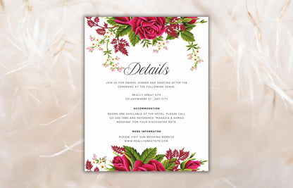 Floral Wedding Invitation Set Template, Printable Hot Pink Rose Wedding Invite Suite, Boho Wedding Template, RSVP Card, Details Card. WIB73