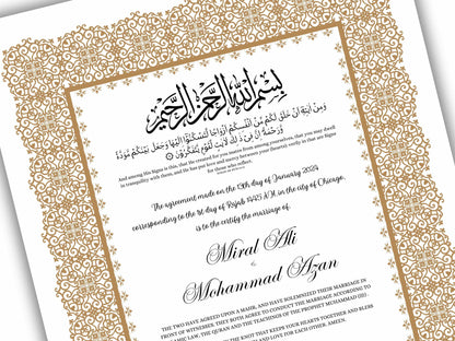 Luxury Nikkah Certificate, Premium A4/A3 Islamic Wedding Contract, Nikkah Nama, Muslim Marriage Certificate, Personalised Names, NN198