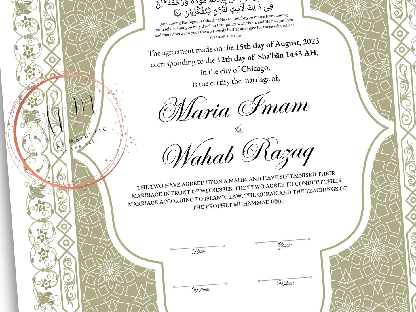 Nikkah Certificate Digital Download Personalized, Luxury Nikkah Contract, Islamic Wedding Contract, Personalized Muslim Wedding Gift. NN191