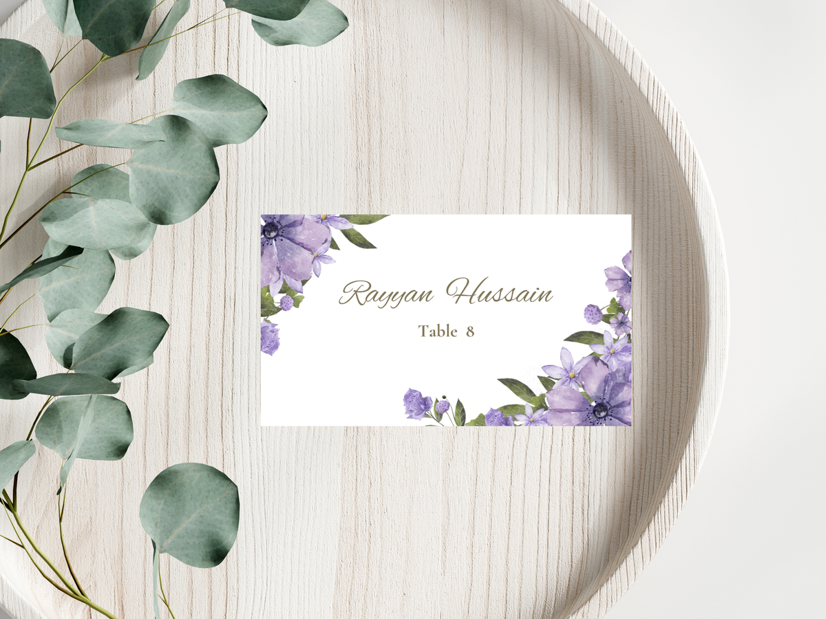 Lavender Floral Wedding Menu & Thank You Template | Editable Canva Place Card. WI204