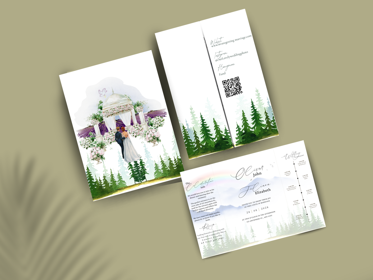 Mountain Wedding Invitation Template | Watercolor Forest Itinerary Invite | Rustic Outdoor Wedding Program | Editable Template.wi177