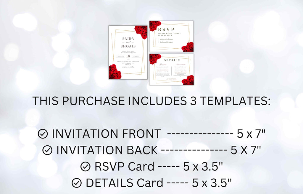 Elegant Red Rose Wedding Invitation Suite, Red Rose Wedding Invitation with Gold Frame, Printable Suite, Burgundy Editable Rsvp. WI99
