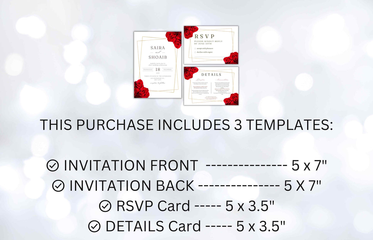 Elegant Red Rose Wedding Invitation Suite, Red Rose Wedding Invitation with Gold Frame, Printable Suite, Burgundy Editable Rsvp. WI99