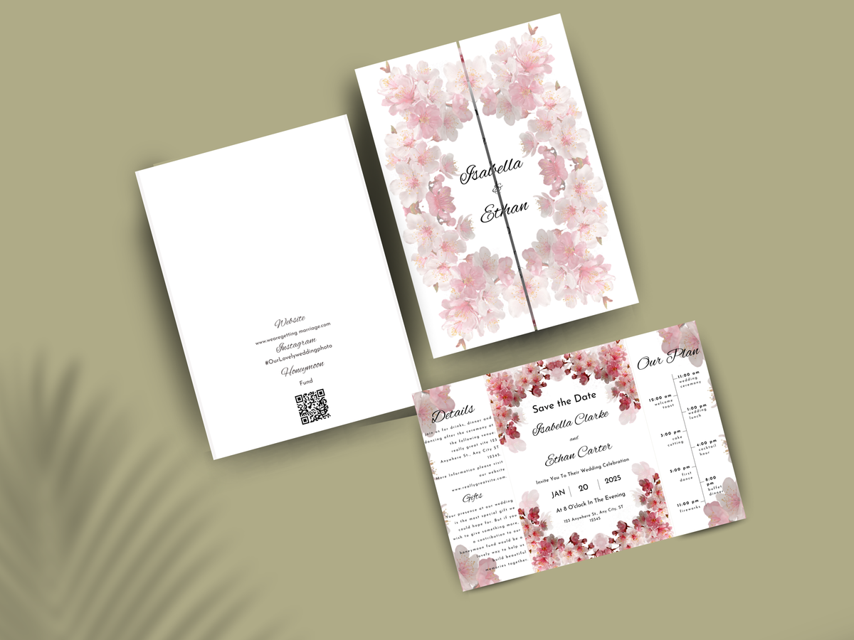 Blush Floral Gatefold Wedding Invitation Template |  Cherry Blossom Wedding Suite | Printable Save The Date & Details Card. WI179