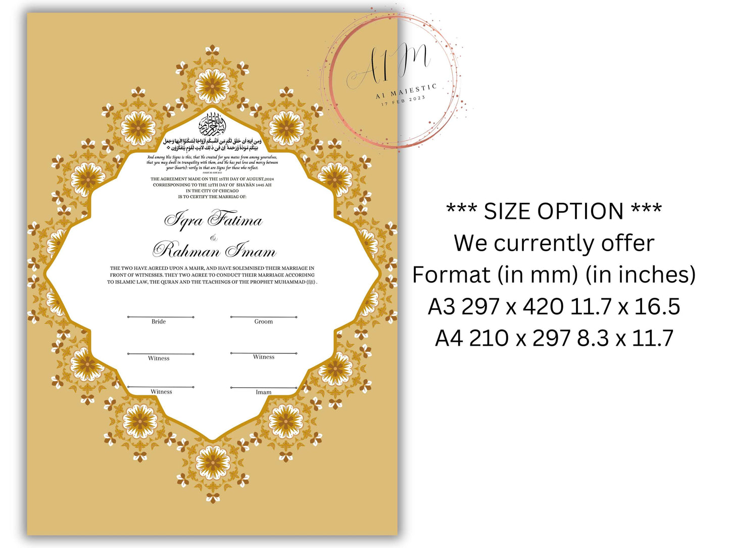 Customized Nikkah Certificate, A4/A3 Contract Digital Nikah Nama, Islamic Marriage Certificate, Muslim Marriage Contract Gold.NN228