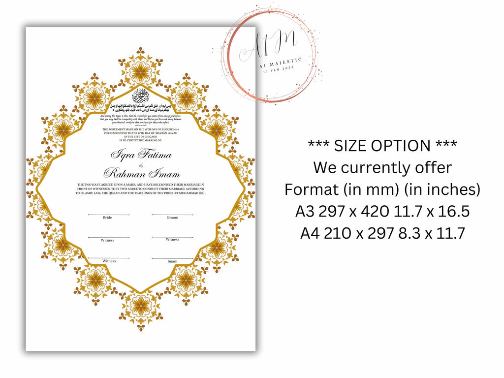 Nikkah Certificate Digital Download Personalised, A4, A3, Nikkah Contract, Muslim Nikkah Certificate Template, Instat Download. NN229