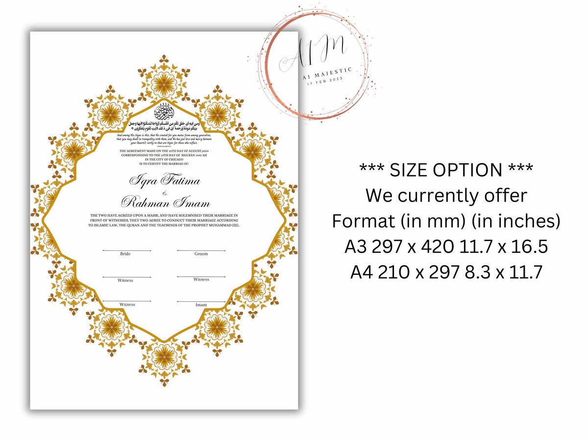 Nikkah Certificate Digital Download Personalised, A4, A3, Nikkah Contract, Muslim Nikkah Certificate Template, Instat Download. NN229