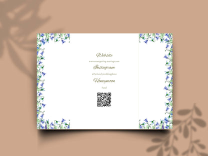 Blue Floral Gatefold Wedding Invitation | Elegant Folded Invite with Timeline | Botanical Watercolor Wedding Card | Qr Code Card. WI143