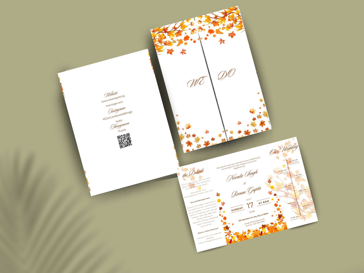 Autumn Wedding Card Template | Fall Leaves Wedding Details Card | Editable Timeline Program | Orange Wedding Invitation Printable. 174