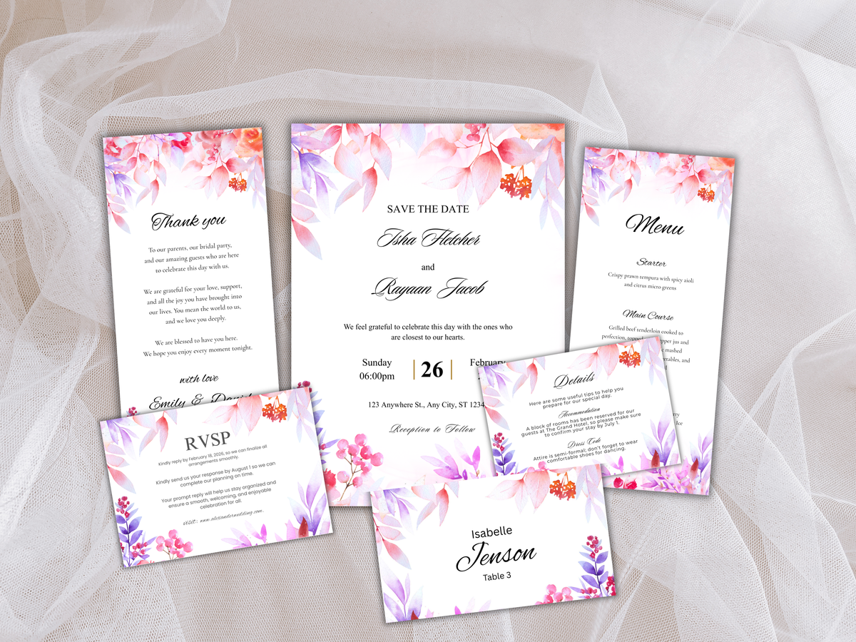 Wedding Invitation Bundle, RSVP, Thank You Card, Table Card, Menu Card, Reception Card, Details Card. WI252