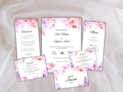 Wedding Invitation Bundle, RSVP, Thank You Card, Table Card, Menu Card, Reception Card, Details Card. WI252