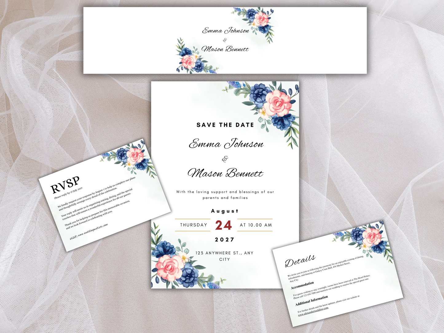 Watercolor Floral Wedding Invite, Editable RSVP, Details, Bottle label | MTC390