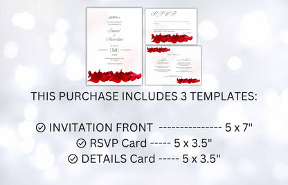 Red Rose Patels Wedding Invitation Template with RSVP, Details Card, Wedding Invitation Roses, Wedding Invites. B60