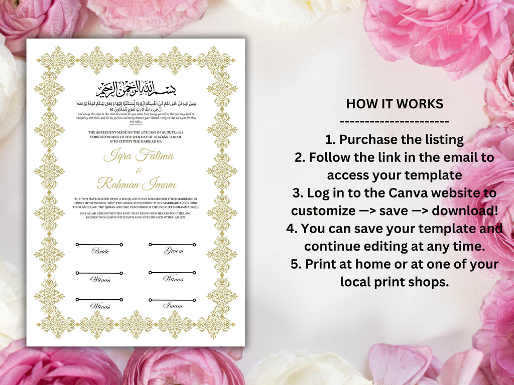 Handmade Nikkah Certificate Digital Download Personalised, A4, A3, Template, Editable, Brown Nikkah Nama, Nikkah Contract. NN213