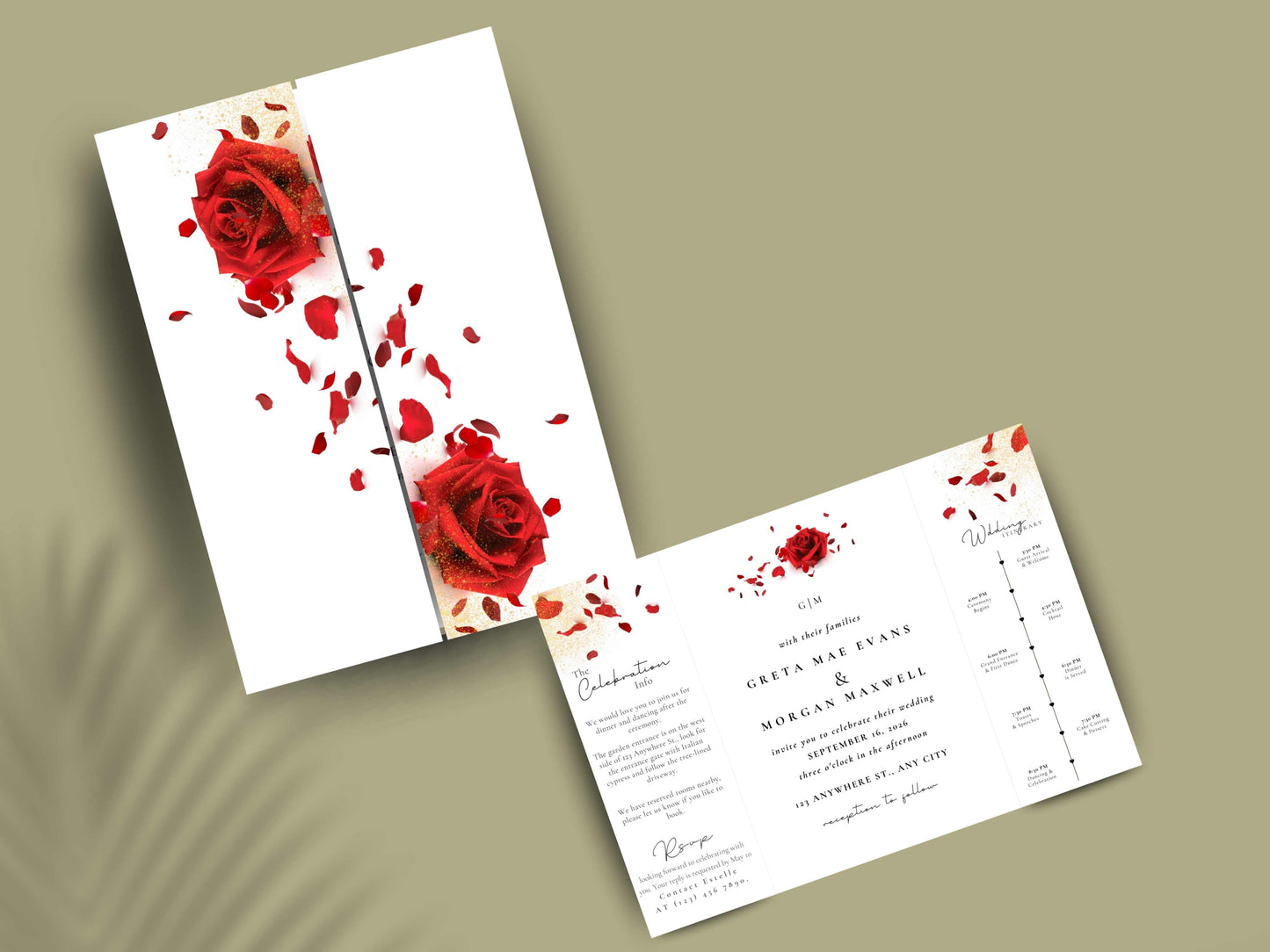 Red Rose Wedding Invitation Template - Gatefold Floral Invite with Itinerary - Elegant Modern Printable Wedding Card. WI157