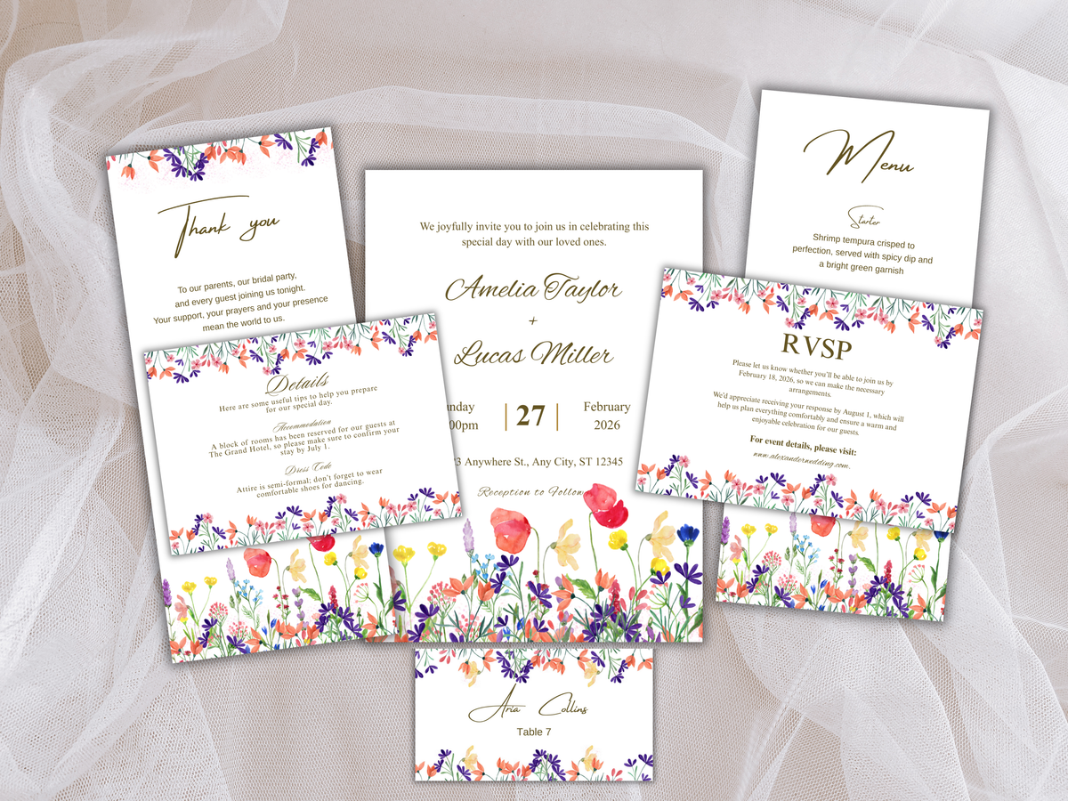 Wedding Invitation Bundle, RSVP, Thank You Card, Table Card, Menu Card, Reception Card, Details Card. WI260