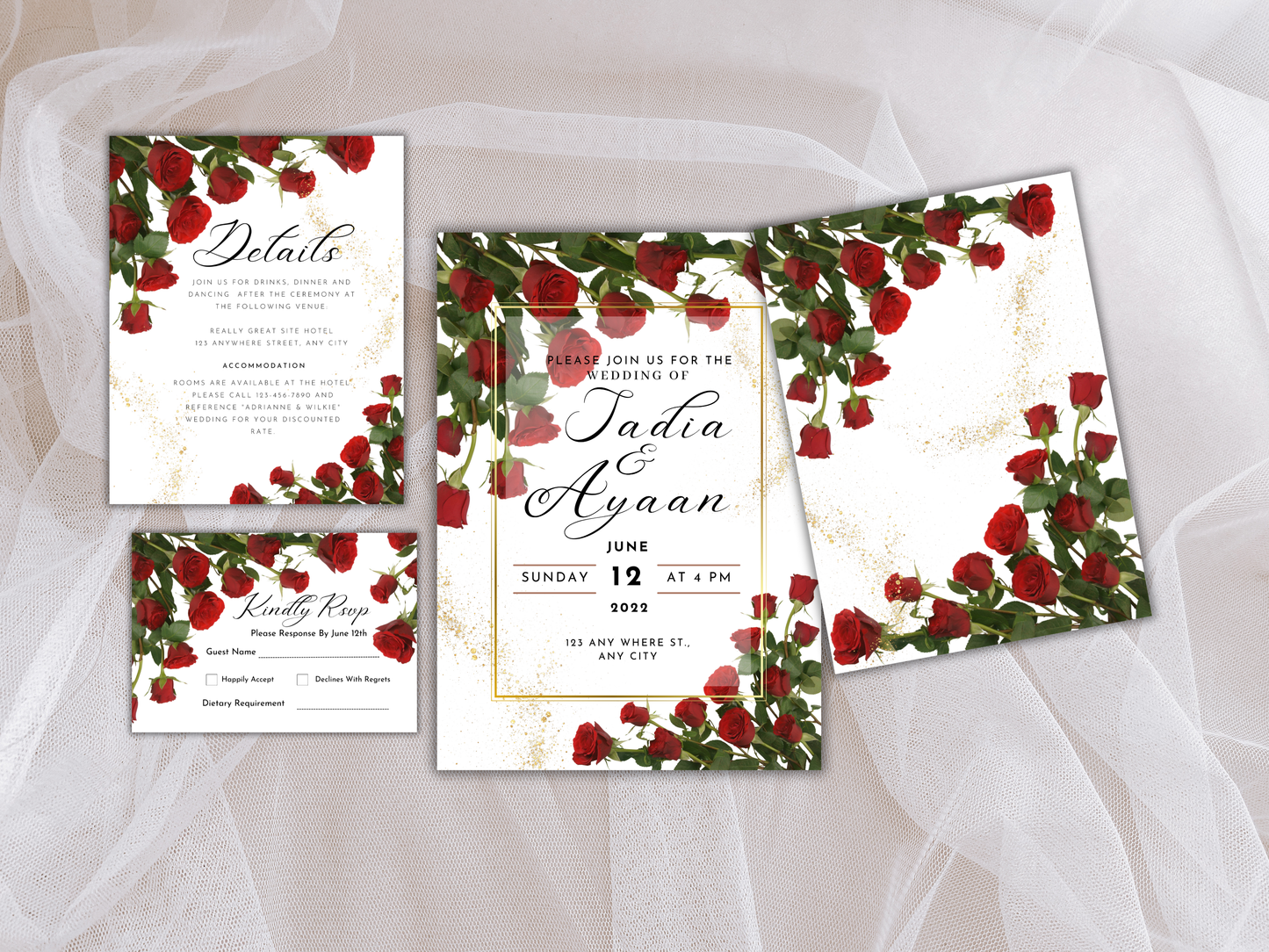 Wedding Invitation Template, RSVP, Details Card, Menu Card, Thank you Card, Place Card, Name Card WI266