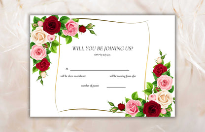 Red Wedding Invitation Set, Floral invitation,Editable Template, RSVP Card, Details Card, Burgundy and Pink Floral with Gold Frame, WIT63