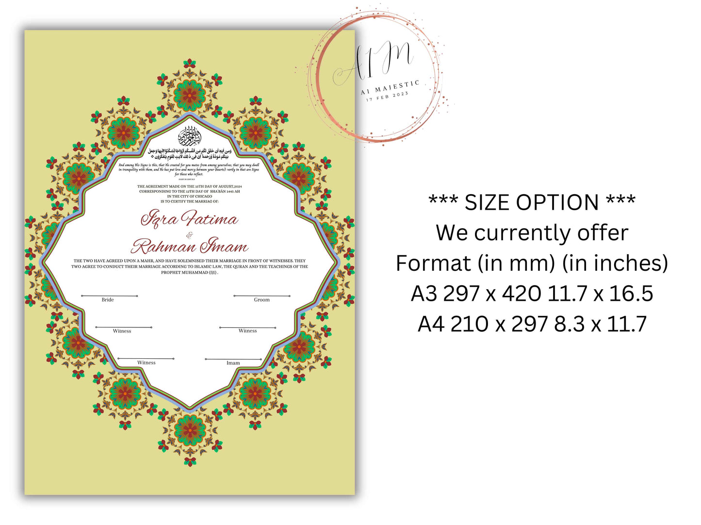 Nikkah Certificate Digital Download Personalised, A4, A3, Nikkah Contract, Muslim Nikkah Certificate Template, Instat Download. NN231