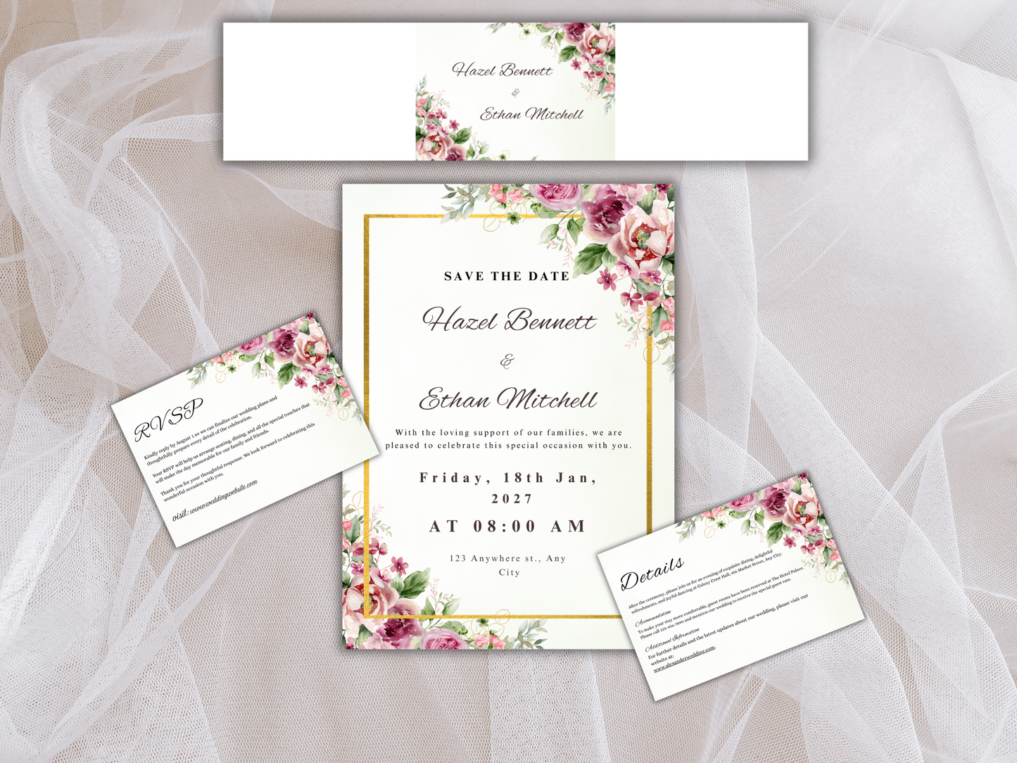 Floral Wedding Invitation, Details, RVSP, Digital Download MTC412