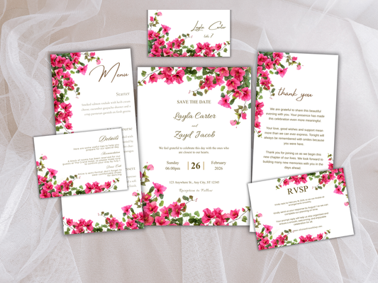 Wedding Invitation Bundle, RSVP, Thank You Card, Table Card, Menu Card, Reception Card, Details Card. WI256