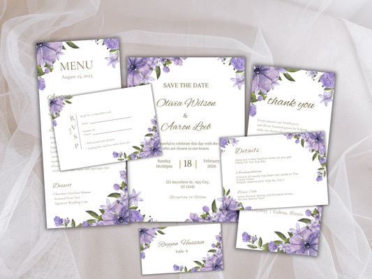 Wedding Invitation Bundle, RSVP, Thank You Card, Table Card, Menu Card, Reception Card, Details Card. WI246