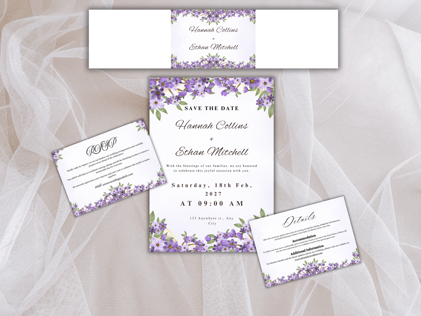 Elegant Floral Wedding Invitation, Details, RVSP, Editable card, Instant Download MTC408