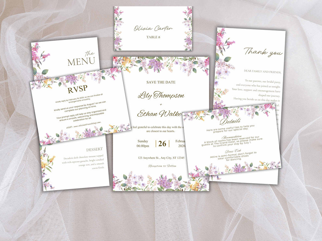 Wedding Invitation Bundle, RSVP, Thank You Card, Table Card, Menu Card, Reception Card, Details Card. WI258