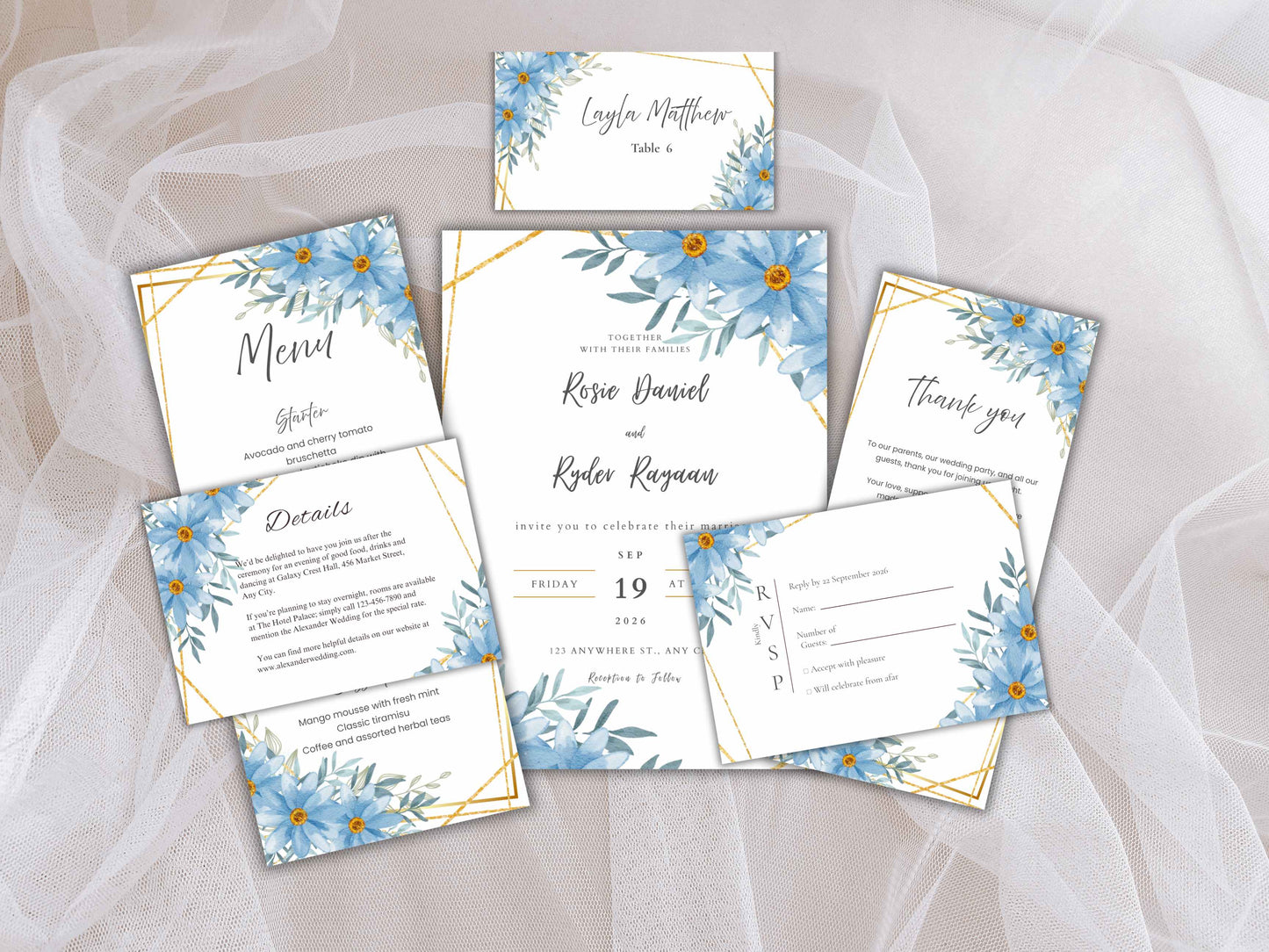 Wedding Invitation Bundle, RSVP, Thank You Card, Table Card, Menu Card, Reception Card, Details Card. WI234