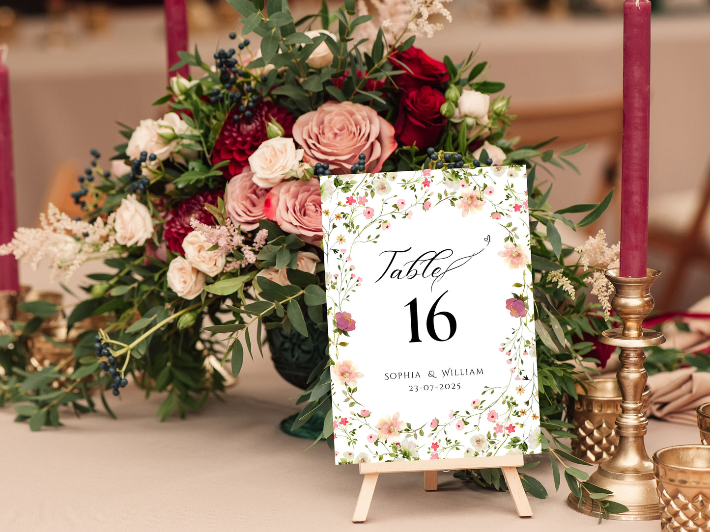 Wedding Table Numbers Template, Wedding Table Numbers, Pink Flower, Floral Wreath, Printable Table Numbers, Wedding Seating Chart. TS4