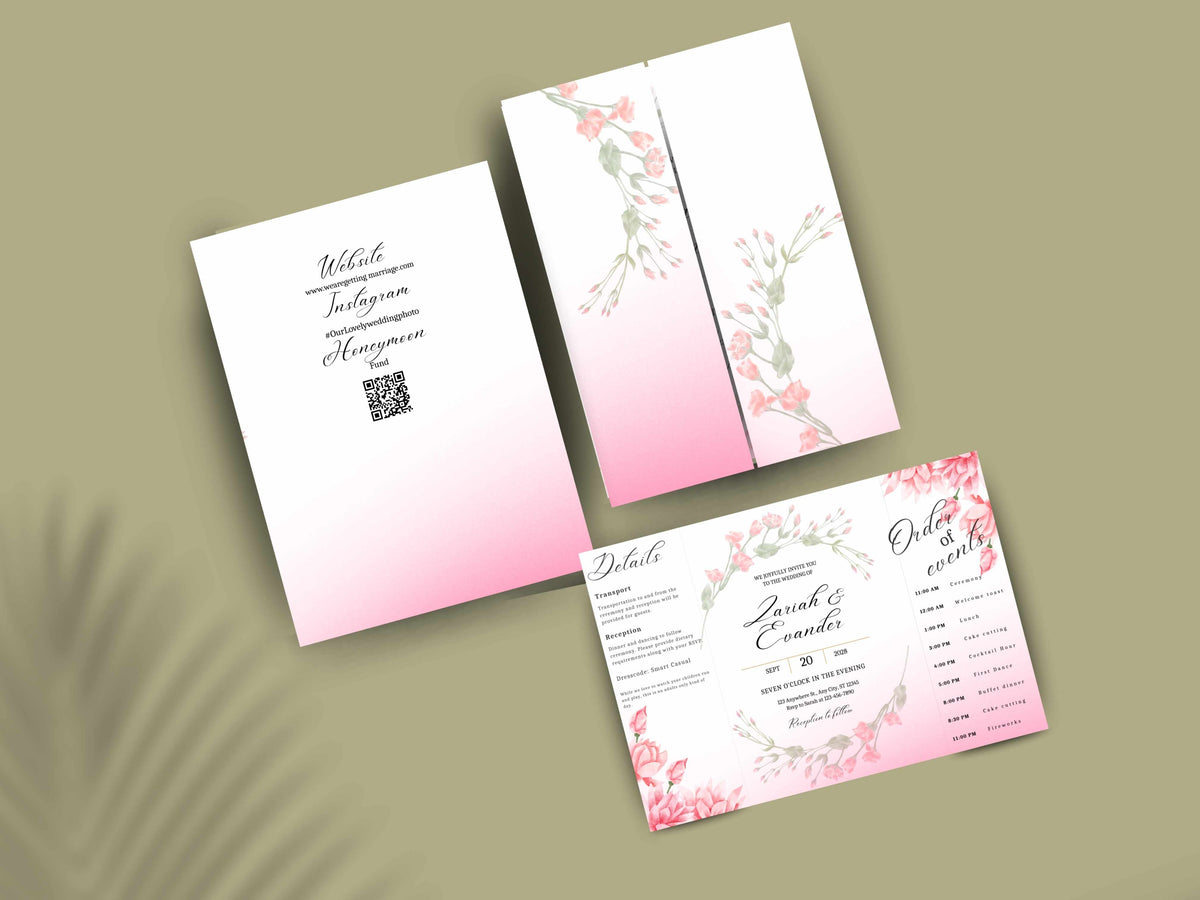 Pink Floral Wedding Invitation Template, Editable Order of Events Card, Modern Wedding Itinerary, Printable Wedding Invite Suite. 171