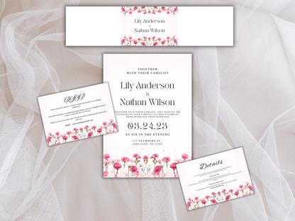 Carnation Reception card, RSVP, Details, Digital Download MTC424