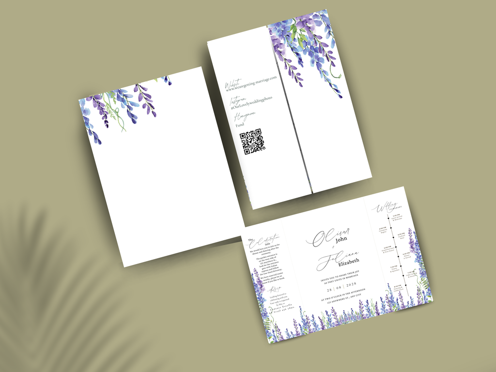 Lavender Wedding Invitation Template, Elegant Floral Itinerary Invite, Rustic Garden Wedding Suite, Editable Purple Flower Invitation.WI178