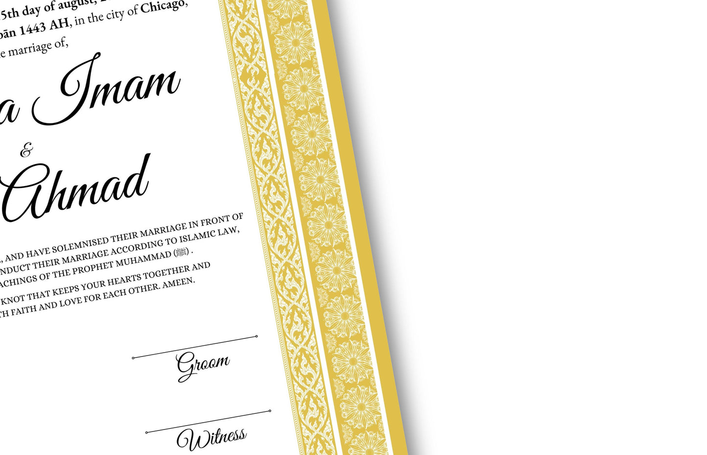 Luxury Nikkah certificate ,A3/a4 Nikkah Nama, Nikah , Islamic wedding contract, Muslim Marriage Certificate, Personalised Names. NN135