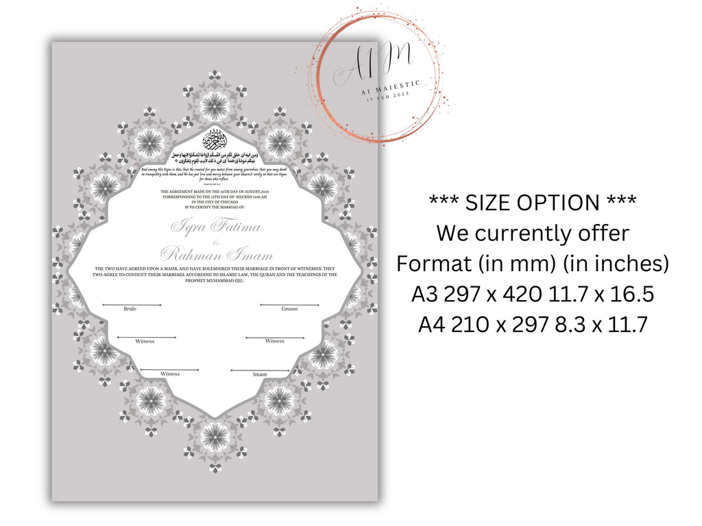 Nikkah Certificate Digital Download Personalised, A4, A3, Template, Editable, Nikkah Contract, Muslim Contract. NN230