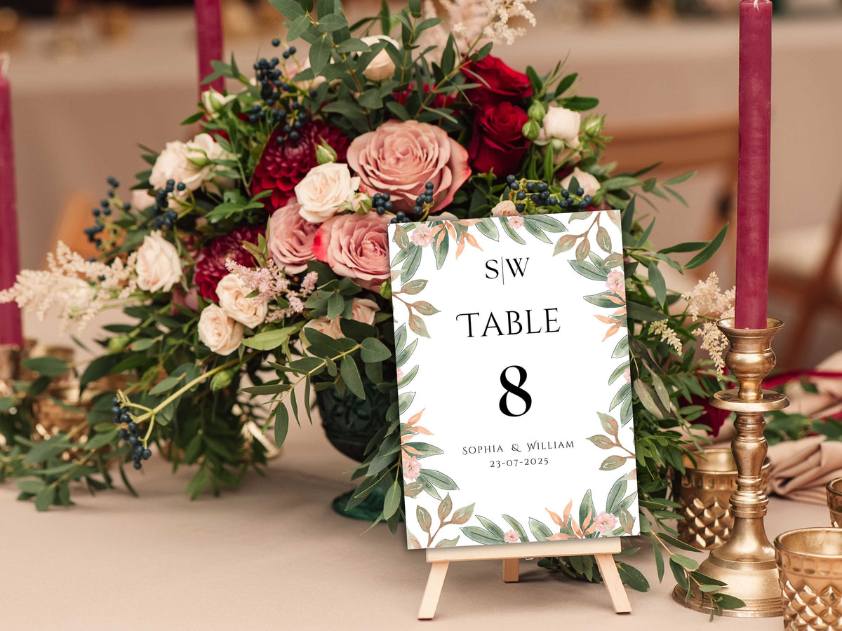 Wedding Table Numbers Template, Wedding Table Numbers, Pink Flower, Floral Wreath, Printable Table Numbers, Wedding Seating Chart. TS2