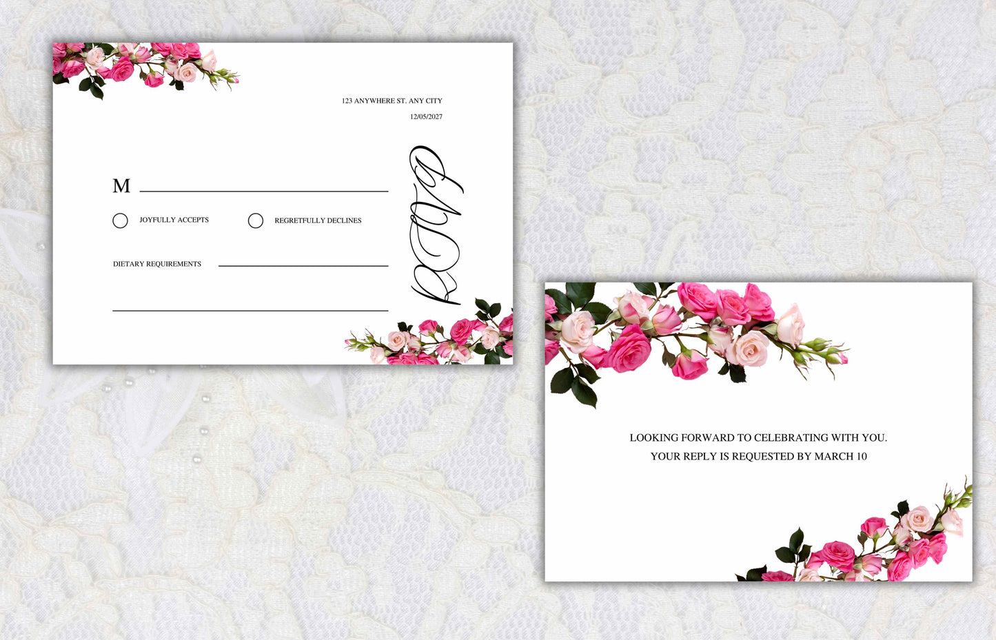 Pink Rose Wedding Invitation Bundle, Printable Wedding Invite, Editable Template, RSVP, Details, Bridesmaid Card, Menu Card, Digital. WT41