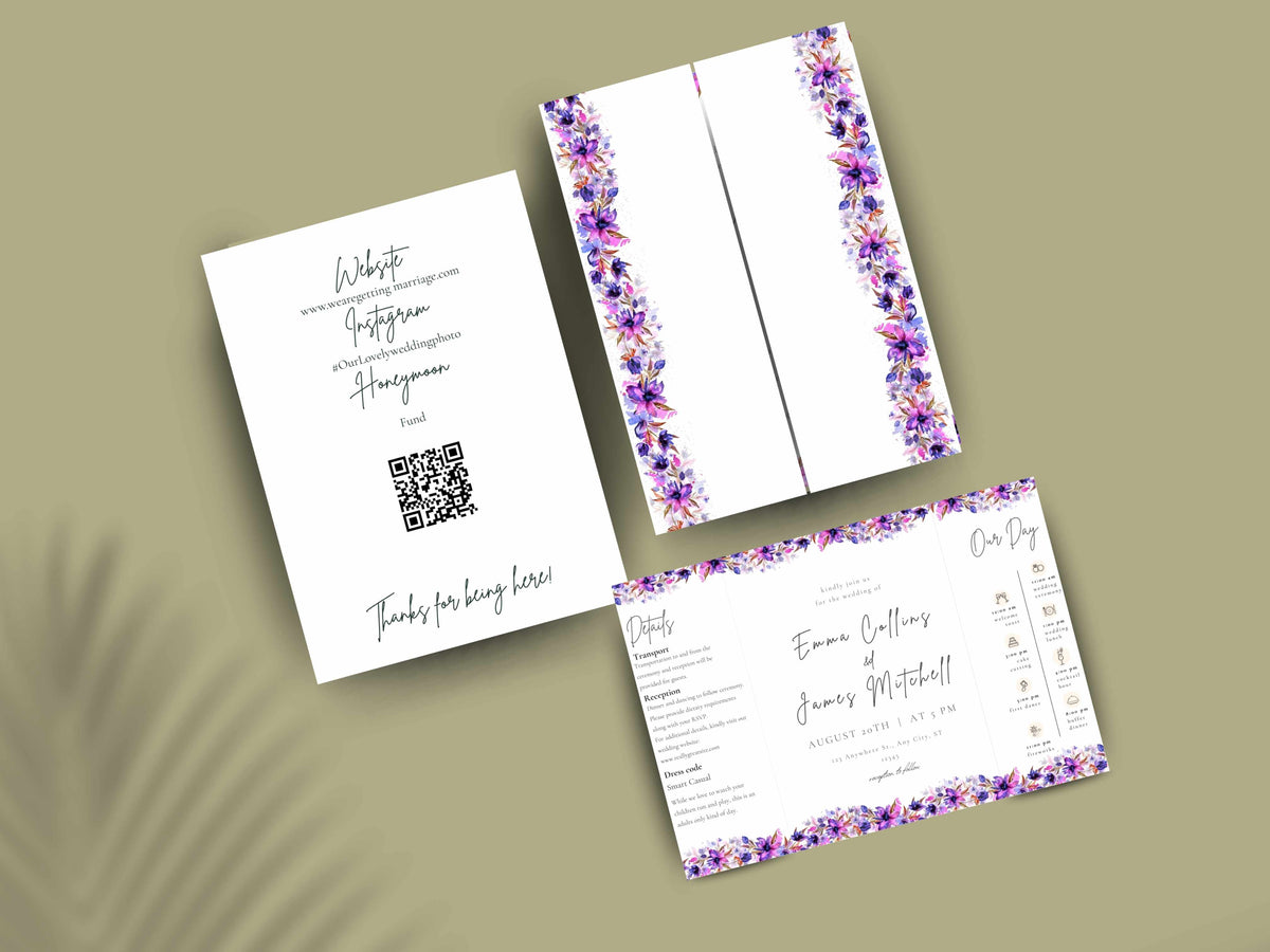 Floral Gatefold Wedding Invitation | Timeline Wedding Card | Modern Purple and Gold Details | Printable Schedule & Reception Invite. WI163