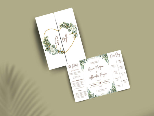 Elegant Greenery Wedding Invitation Template | Modern Eucalyptus Wedding Invite Itinerary & Details Card | Printable Digital Download.WI166