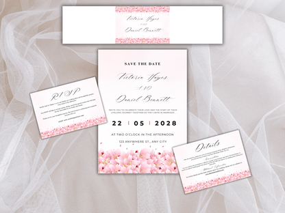 Pink Floral Wedding Invitation, Editable RSVP, Details, Bottle label MTC420