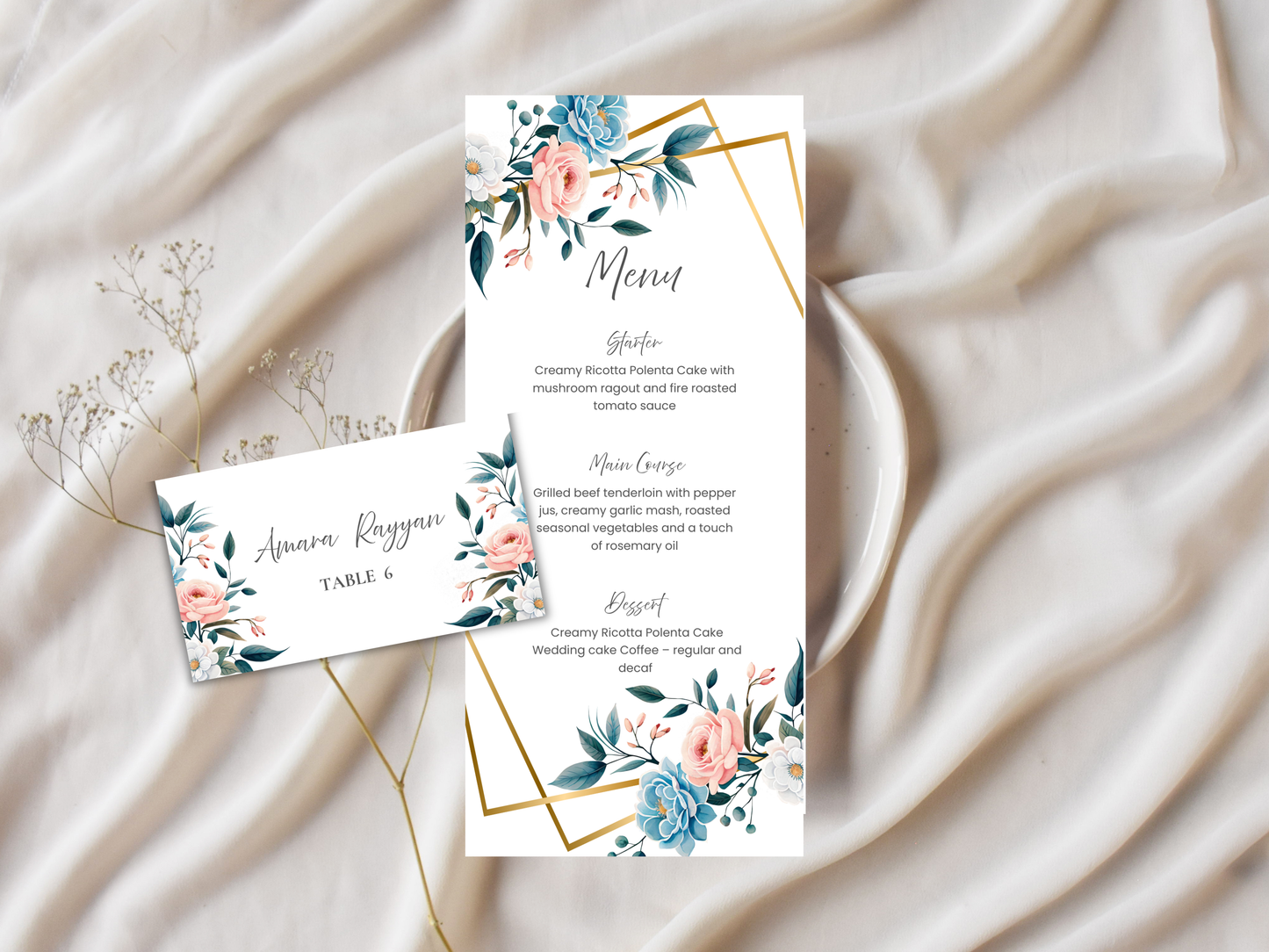 Wedding Menu & Thank You Template | Editable Canva Place Card. WI208